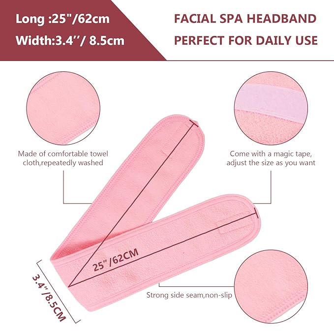 Whaline Spa Facial Headband Make Up Wrap Head Terry Cloth Headband Adjustable Towel Band for Face Washing Shower Facial Cover, 3 Pieces (White, Pink, Rose Red)