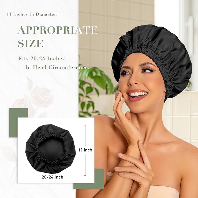 Reusable Shower Cap for Women, Large Waterproof Shower Bonnet with Elastic Band, Washable Bath Hair Cap for Long, Curly Hair, Braids, Daily Shower, Home Spa, Travel(Black&Navy)