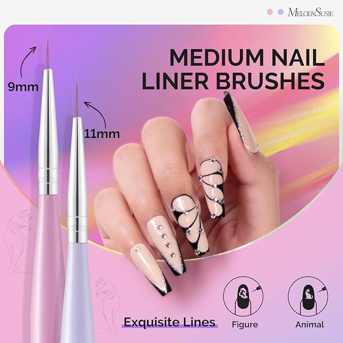 MelodySusie Nail Art Liner Brushes 5Pcs Professional Gel Polish Painting Art Design Pen Set for Thin Long Lines, Tiny Details, Fine Drawing, Delicate Coloring Sizes 5/7/9/11/20mm