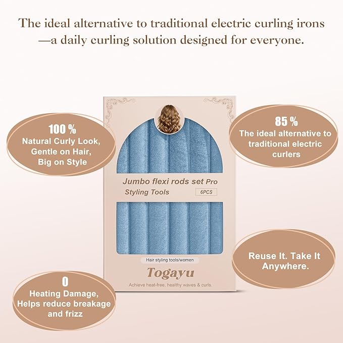 Heatless Curls Overnight Set for Natural Hair, Comfortable Easy-Lock Rollers, Heat-Free Hair Curlers for Long Textured Hair, 6PCS Blue