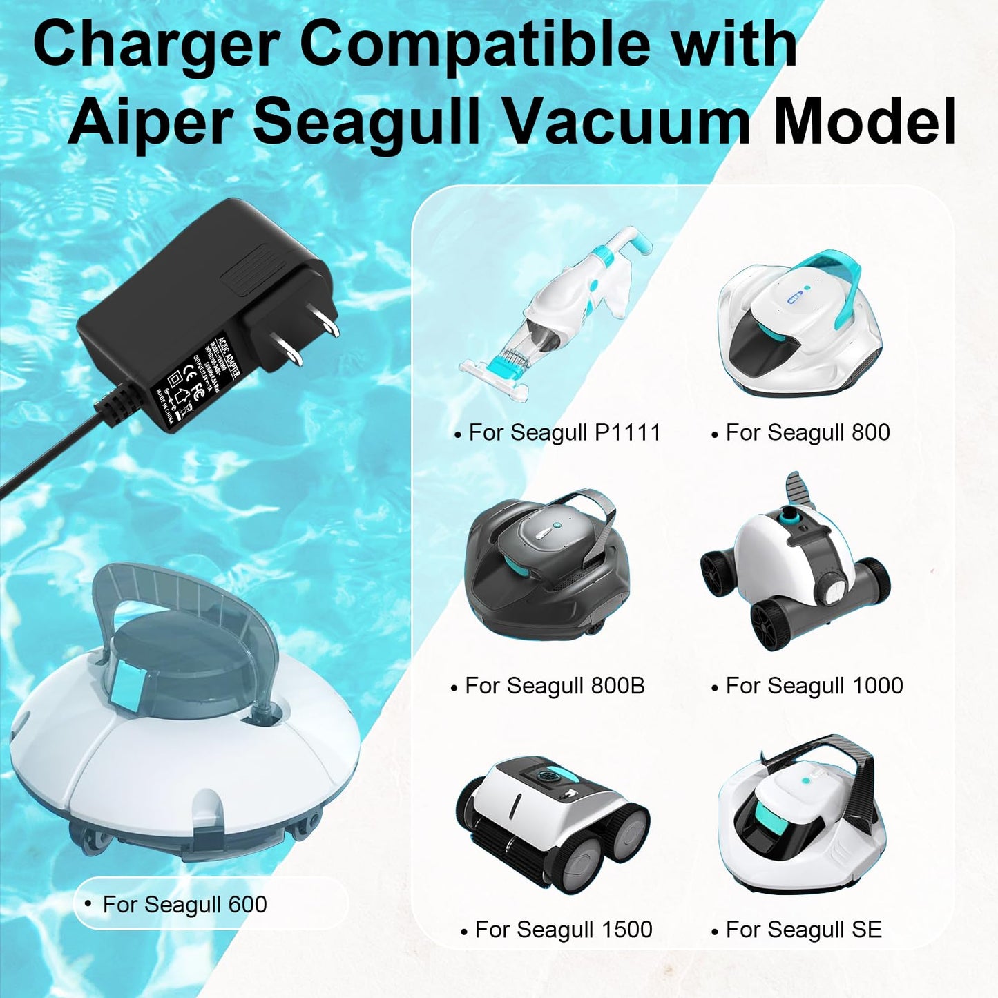 12.6V Charger for Aiper Seagull Pool Vacuum Compatible with aiper Pool Cleaner 600 800 800B SE 1000 1500 P1111 HJ1103J Power Adapter Cord