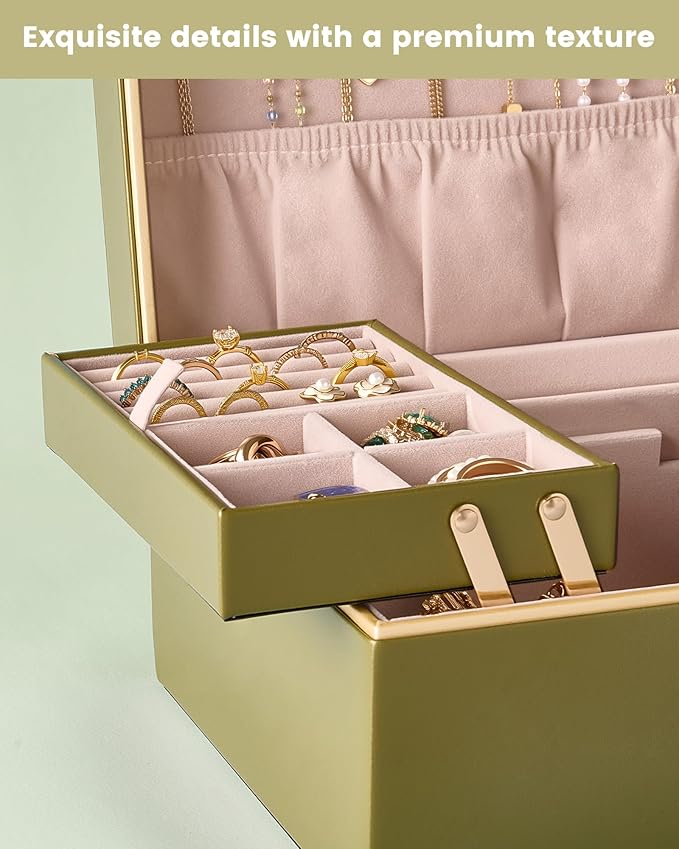 Lolalet Jewelry Box Organizer for Women Girls, 2 Layer Jewelry Organizers and Storage for Necklace Earrings Rings Bracelets, Large Jewellery Holder Case Birthday Valentine Gifts -Olive Green