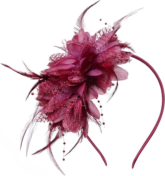 Womens Fascinators Hats Tea Party Hats for Women, Feather Pearl Veil Headband for Wedding Cocktail Dresses Accessories