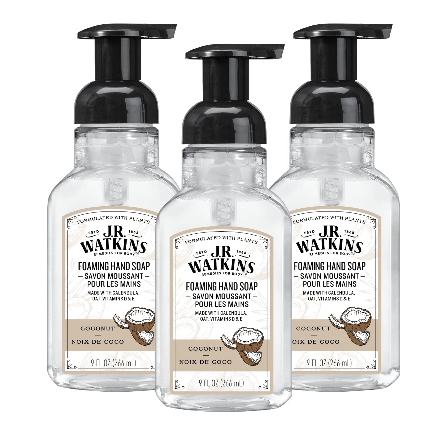 J.R. Watkins Foaming Hand Soap Pump with Dispenser, Moisturizing Hand Soap Foam, Alcohol-Free and Cruelty-Free, Use for Kitchen or Bathroom, Noix De Coco/Coconut, 9 fl oz, 3 Pack