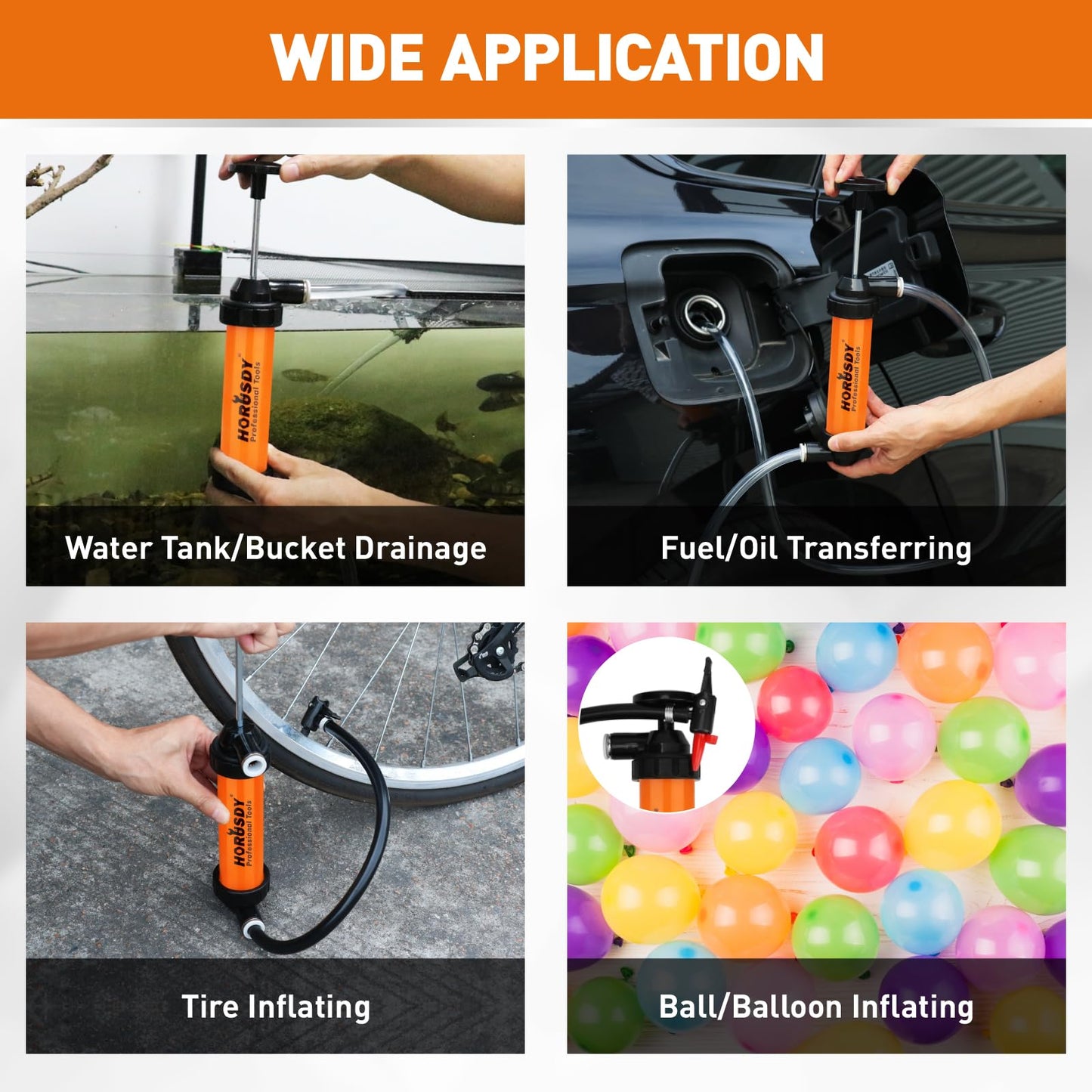 HORUSDY Multi-Use Siphon Transfer Pump Kit Hand Fuel Pumps for Gas Oil Water with Air Hose, Portable Manual Fuel Transfer Pump for Boat, Car, RV, Emergency, Lawn Mower Fluid Drainage