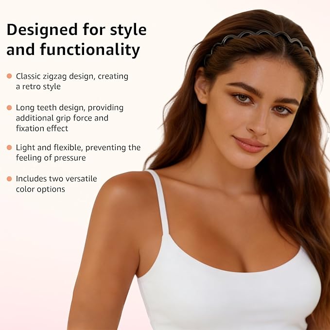 2 Pack Zig Zag Headbands for Women, Non-Slip Wavy Plastic Hair Comb Headbands with Teeth, U-Shape High Cranium Korean Style, Classic 90s Hair Accessories, Gifts for Women (Black & Brown)