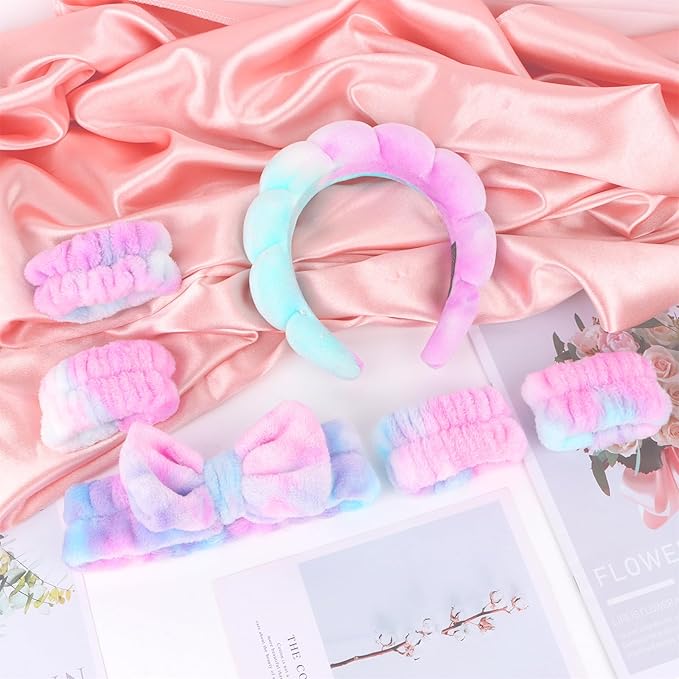 CAVETEE 6 Pack Puffy Bow Tie Headbands with Makeup Wristbands - Cute Spa, Face Washing and Makeup Set for Women and Girls