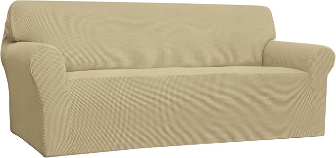 Easy-Going Stretch 4 Seater Sofa Slipcover 1-Piece Sofa Cover Furniture Protector Couch Soft with Elastic Bottom for Kids, Polyester Spandex Jacquard Fabric Small Checks Beige