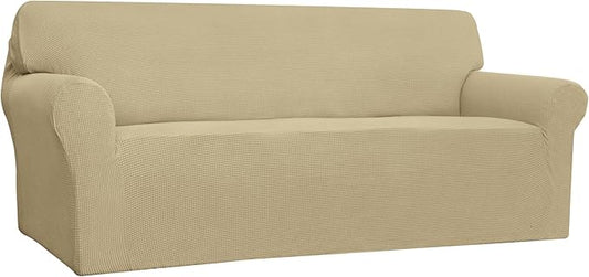 Easy-Going Stretch 4 Seater Sofa Slipcover 1-Piece Sofa Cover Furniture Protector Couch Soft with Elastic Bottom for Kids, Polyester Spandex Jacquard Fabric Small Checks Beige