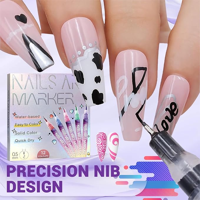 12 Color Nail Art Pens, 0.5 MM Nail Polish Pens Set Drawing Painting Point Liner Acrylic Painted Pen Kit, Waterproof and Quick-drying Nail for DIY Nails Art Design Manicure Tools