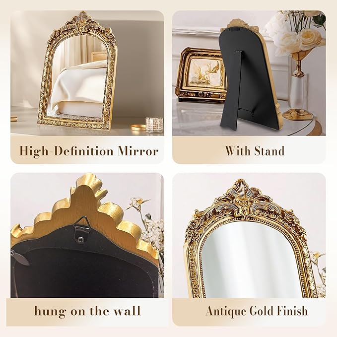 YUSONG Vintage Makeup Desk Mirror - 7" Gold Antique Mirror for Tabletop Resin Frame Decorative Wall Art for Living Room, Bedroom Decor, Vanity Table