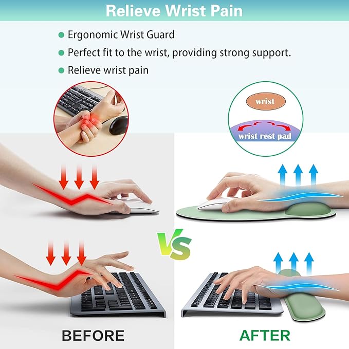 Mouse Pad with Wrist Rest Set, 3-in-1 Wrist Support Mousepad Set, Gaming Mat Pad with Anti-Skid Base,Ergonomic Mouse Pad Green,Memory Foam Gel Wrist Rest for Computer Keyboard