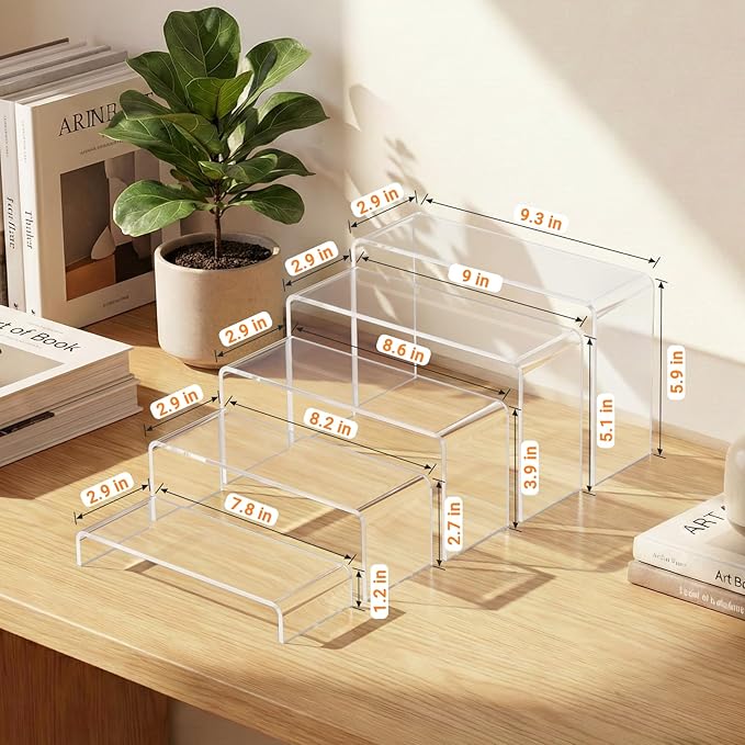 FUNFERY Acrylic Display Risers, 2 Set(7.8" L~8.2" L~8.6" L~9Ã¢ÂÂL~9.3Ã¢ÂÂL) Display Shelf for Figure, Collectibles, Cupcake, 5-Tier Clear Acrylic Stands for Dessert, Jewelry, Candy Showcase
