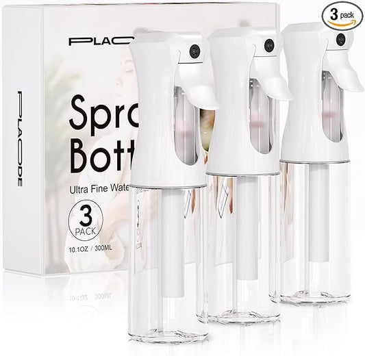 3 Pack Spray Bottle for Hair - Continuous Hair Spray Bottles Refillable Mister Sprayer for Hairstyling, Plants, Pets, Skincare, Cleaning (10.1 OZ/300ML, White)