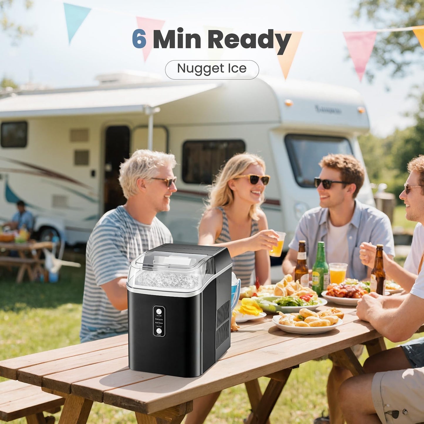Dumos Nugget Ice Makers,Portable Ice Machine Countertop Ready in 6 Mins, 1.55L Water Tank, Self-Cleaning, for Office, Party, RV, Home, Black