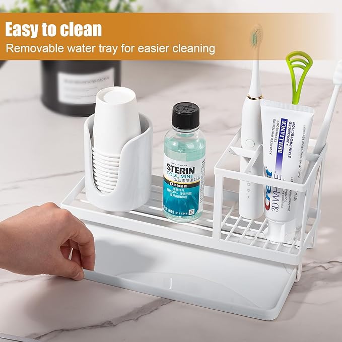Toothbrush Holders for Bathrooms, Carbon Steel Tooth Brushing Holder Electric Toothbrush and Toothpaste Organizer Bathroom Accessories for Countertop, Shower, Sink - White