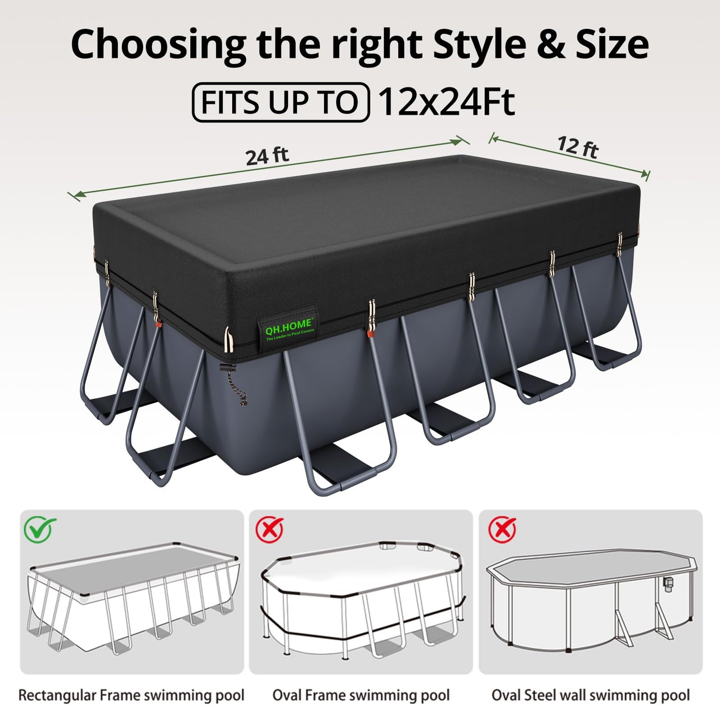 QH.HOME 550D 12x24 Ft Rectangular Pool Cover [Upgraded Tear Resistant & Quadruple Windpoof]wth Pre-Installed Winch and Rope,Pool Covers for Above Ground Pools Rectangle-Snug Fit&Waterproof Protection