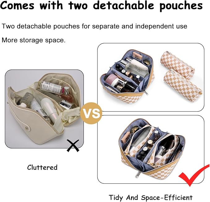 BOYATU Travel Makeup Bag Organizer Cosmetic Bag: 3 Pcs Set Make up Bags for Women with Handle - Waterproof Vegan Leather Toiletry Bag (01-G-Apricot)