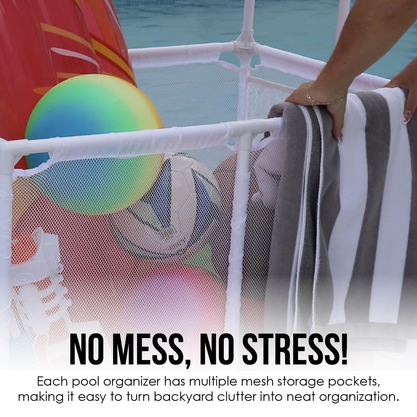 Essentially Yours Pool Storage Equipment Organizer Holder - Noodles, Toys, Balls and Floats Mesh Rolling Double Decker Bin, Large with Noodle Holder, (35.3" W x 23" L x 59.4" H), White Style 561935