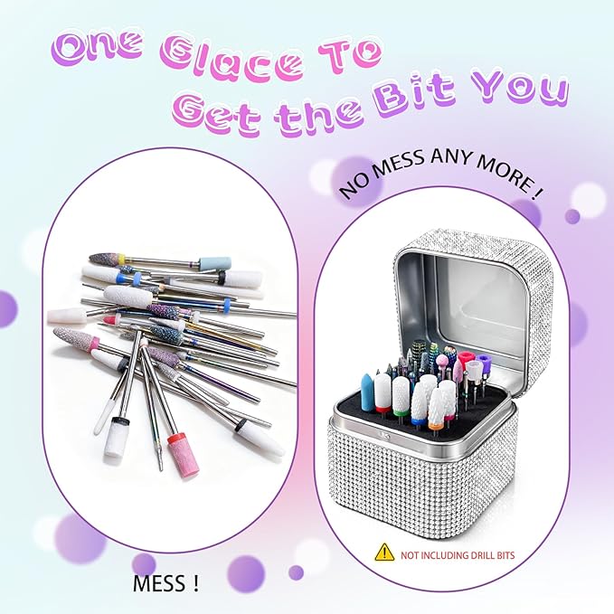 Nail Drill Bit Holder, Dustproof Rhinestones Drill Bit Organizer Case 30 Holes Efile Nail Tech Bits Storage Container Box Manicure Tools E file Accessories Collector for Salon, Travel, Home(Only Box)
