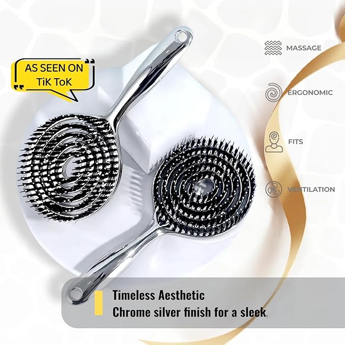 Vented Hair Brush Wet Dry HairBrush for Quick Flat Blow Drying with Natural Boar Bristles Elastic Scalp Massage Brushes Double Layer Design for Smooth HairÃ¯Â¼ÂChrome SilverÃ¯Â¼Â