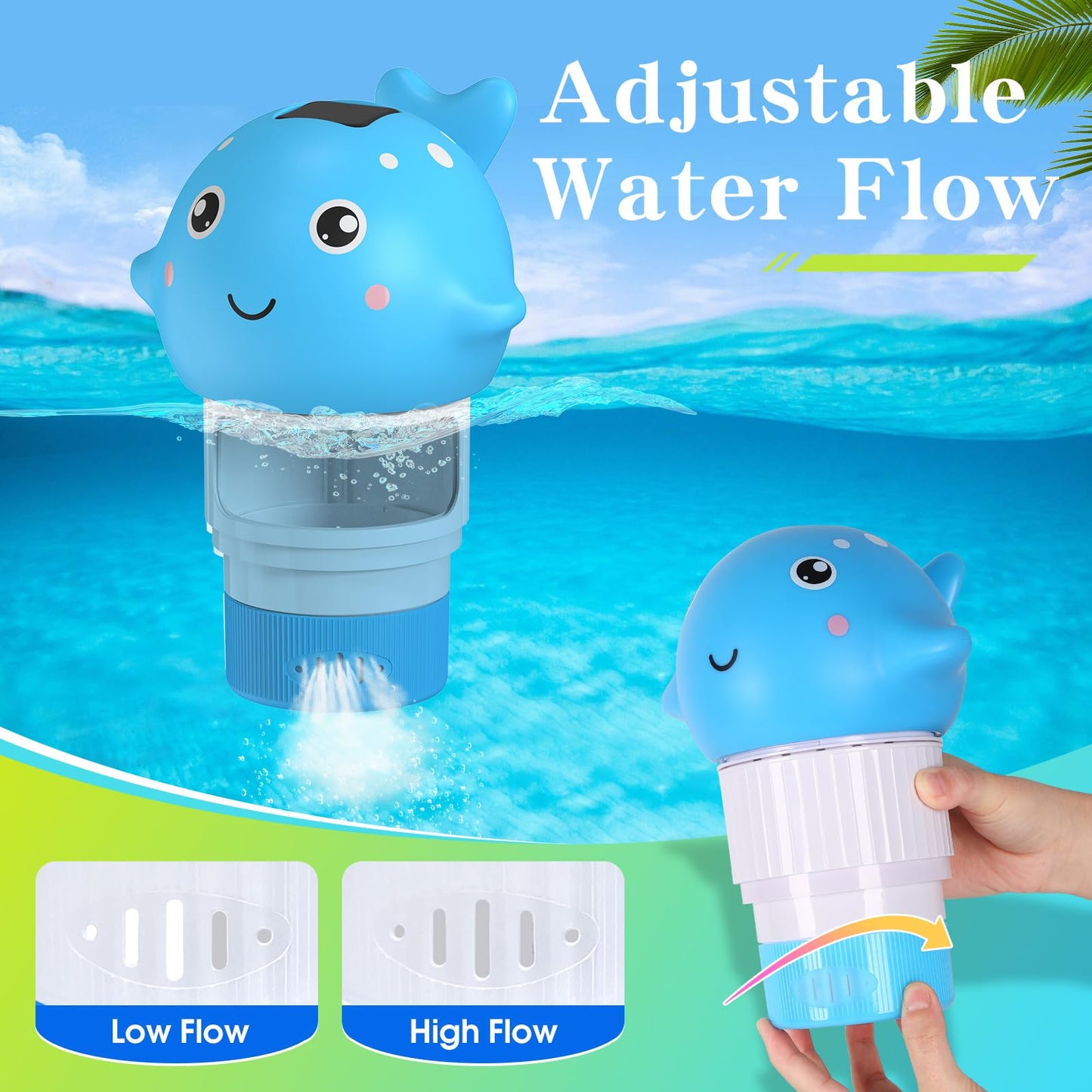 Blufree Pool Chlorine Floater, Solar Chlorine Tablet Floater w/Adjustable Release, Glow in The Dark Large Capacity Whale Floating Chlorines Dispenser for Pool Hot Tub Spa Fits 3 Inch Tabs
