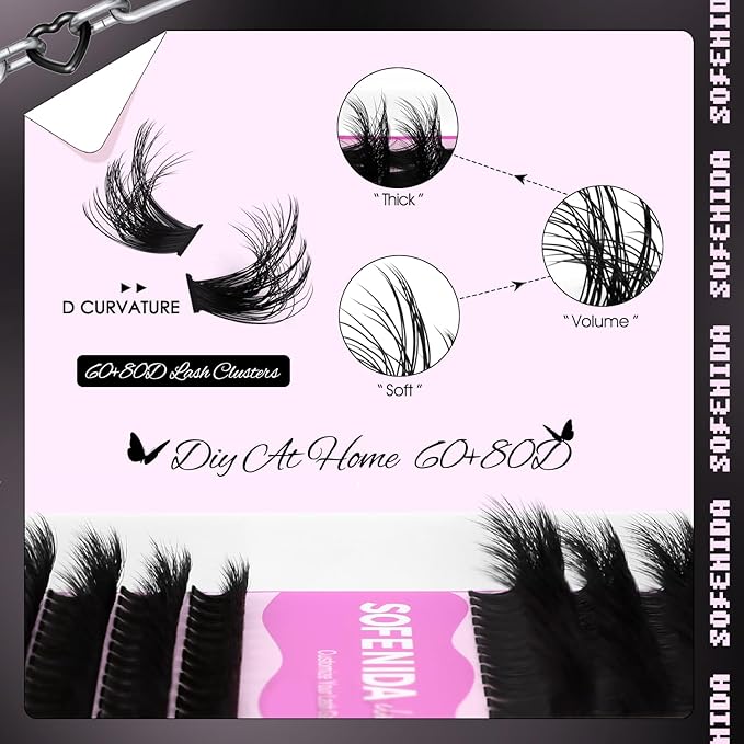 SOFENIDA Lash Extension Kit Thick Lash Cluster Kit 10-18mm Volume Eyelash Clusters D Curvature Cluster Eyelash Extensions Kit 3D Wispy Lash Clusters DIY Lash Extension Kit(60D 80D-10-18MIX Thick Kit)