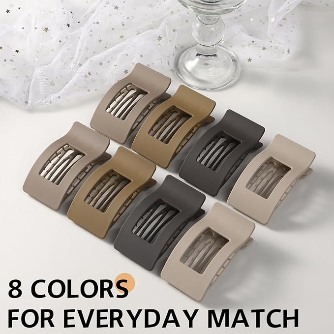 8 Pack French Flat Hair Clips for Women – Large Matte No-Slip Claw Barrettes for Thick & Thin Hair, Strong Hold Styling Accessories (Brown)