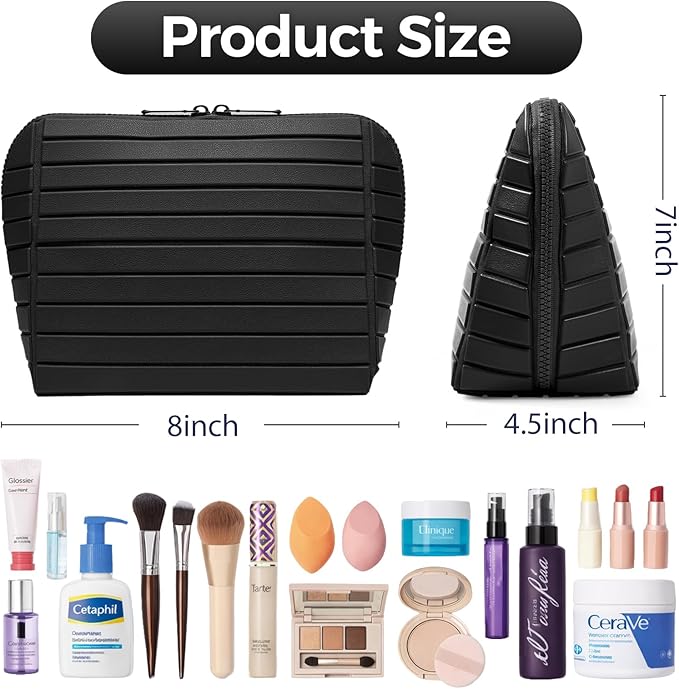 Travel Makeup Organizer Bag with Fold-Down Design and Adjustable Dividers, 27 Pockets & 3 Brush Storage Holders, Large Capacity Cosmetic Bags Toiletry Case- Black