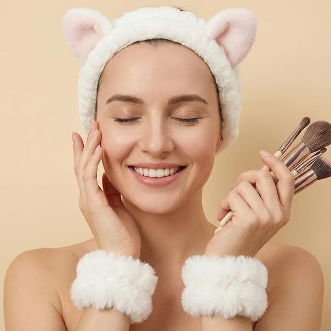 Headbands for Women, Elastic Spa Headband with 2pcs Wristband Set, Cute Plush Cat Ears Puffy Head Band Makeup Hair Band for Washing Face Skincare Yoga Facial Mask(White)