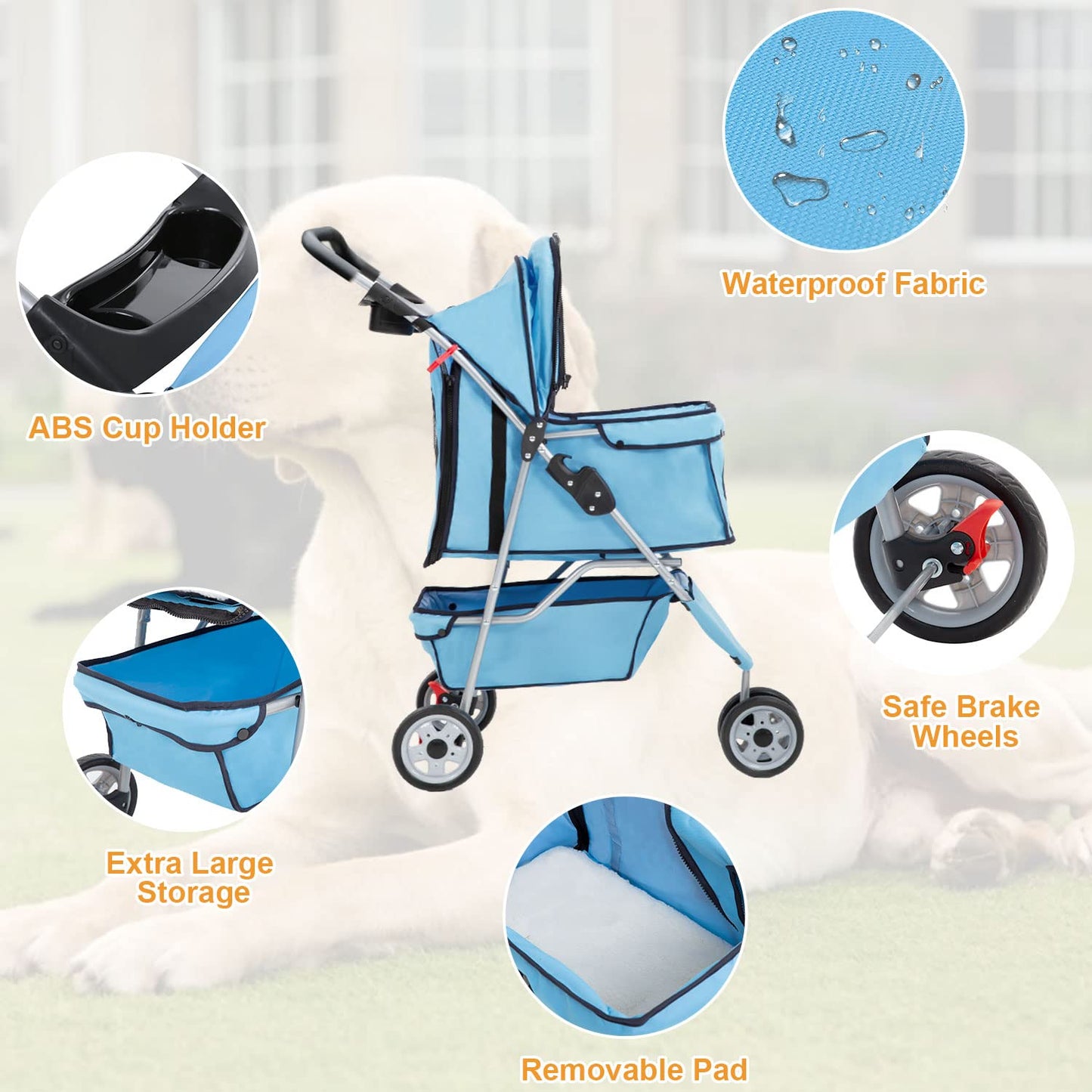 BestPet 3 Wheels Pet Stroller Dog Stroller Cat Cage Jogger Stroller Cats Travel Folding Carrier Waterproof Puppy Stroller with Cup Holder & Removable Liner,Blue