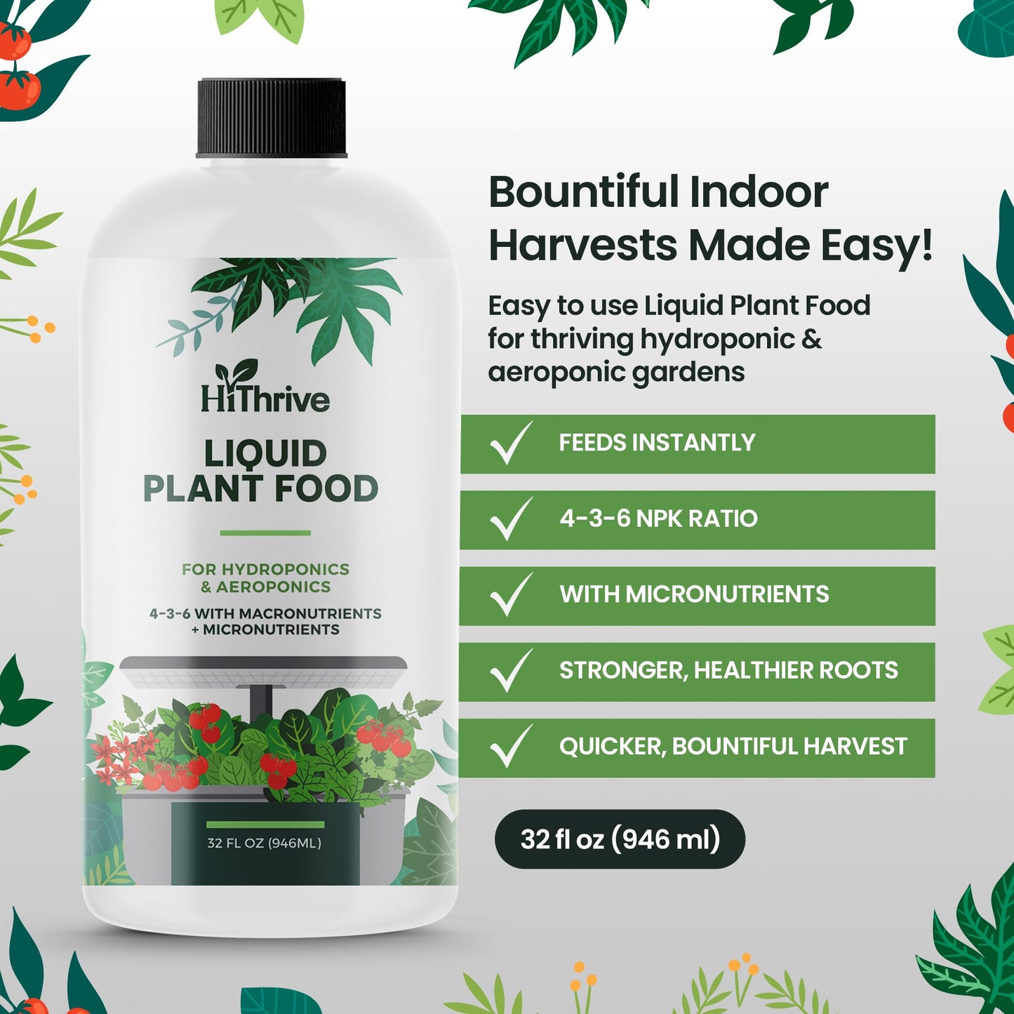 32oz Aeroponics & Hydroponics Liquid Plant Food - Up to 96 Feedings - Rich in Hydroponic Nutrients, Ideal Hydroponic Plant Food & Liquid Fertilizer for Indoor and Outdoor Hydroponics Growing Systems