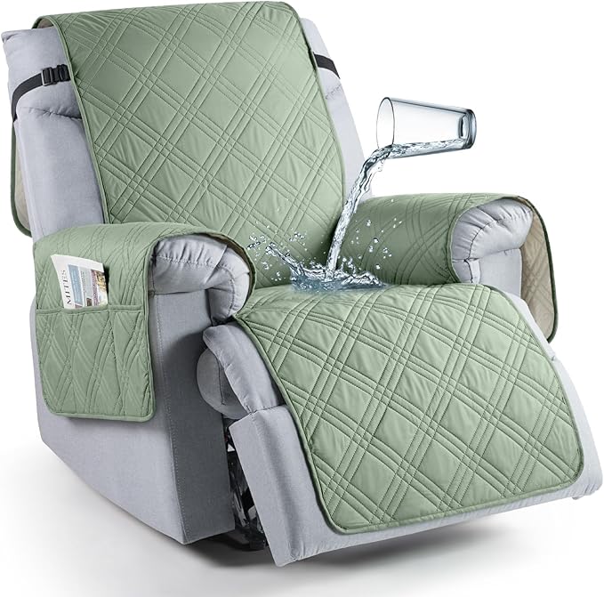 TAOCOCO 100% Waterproof Recliner Chair Covers, Non Slip Recliner Covers for Recliner Chair with Pocket, Washable Reclining Chair Cover Furniture Protector for Kids,Dogs(22'', Sage Green)