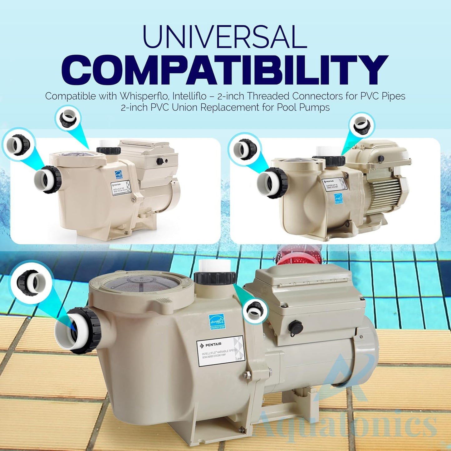 Aquatonics High-Temp Joints – 2-Pack 1-Set Hi Temp Union Compatible with Whisperflo, Intelliflo – 2" Threaded Connectors for PVC Pipes – 2-inch PVC Union Replacement for Pool Pumps