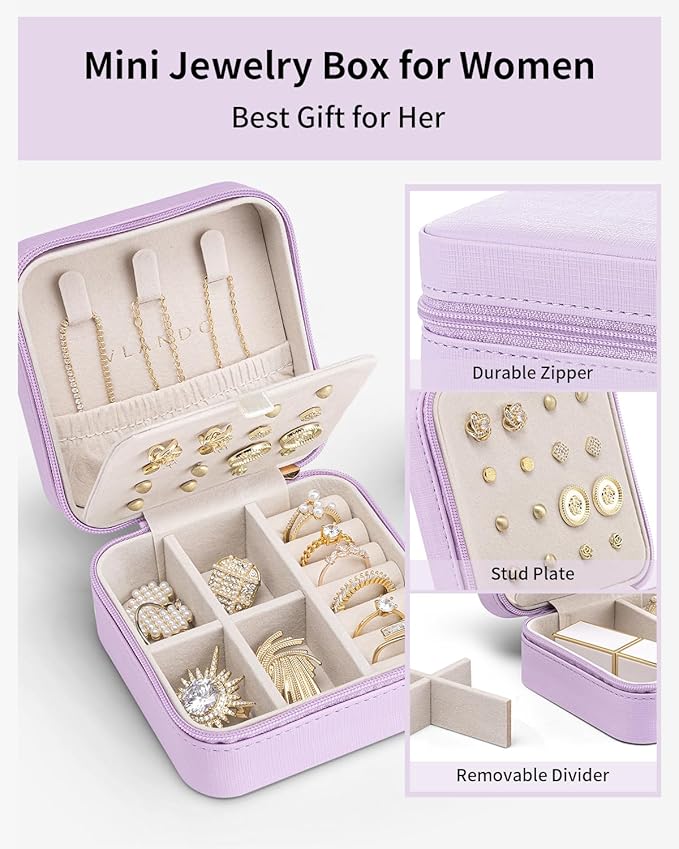 Vlando Travel Jewelry Case, Small Travel Jewelry Organizer Box for Girls Women - Purple