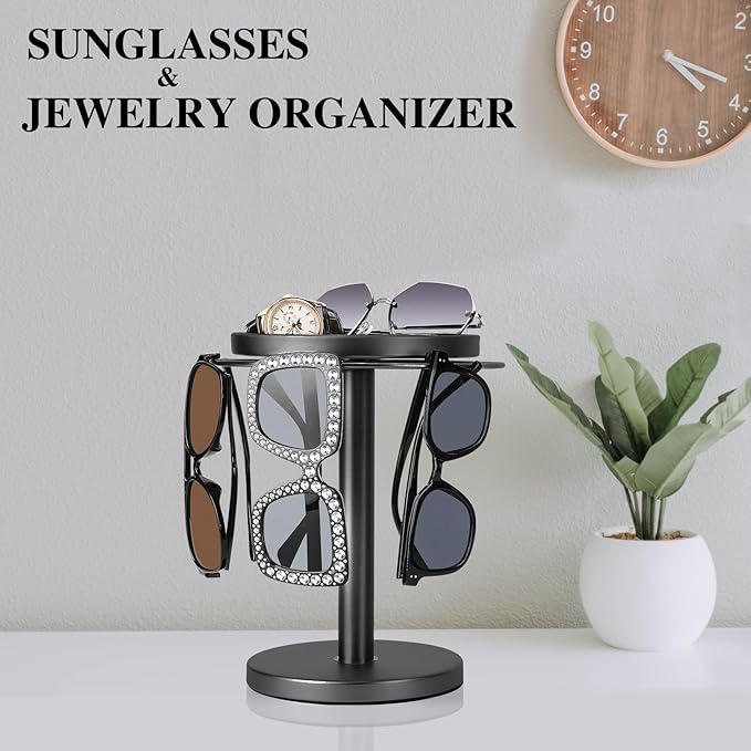 360° Rotating Sunglass Organizer Storage, Stainless Steel Glasses Holder Stand, Glasses Organizer with Tray for Desk, Dresser, Tabletop, Nightstand and Home Decor(Titanium Black)