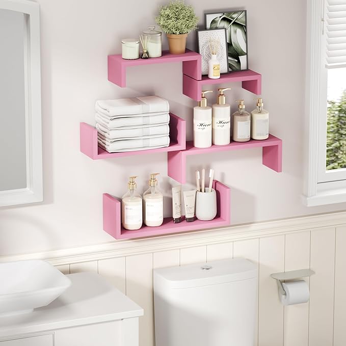 SRIWATANA Floating Shelves, Wall Shelves for Bathroom, Bedroom, Living Room, Kitchen, Office, Wood Shelves for Wall Decor Set of 5 (Pink)