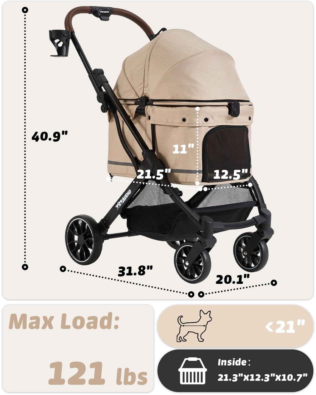 797Audio Dog Stroller for Small Medium Dogs,Pet Stroller for Cats Puppy Up to 121lbs,Foldable,One Click Folding,4 Wheel Shock Absorption,Adjustable Canopy with Sun Shades,Removable Washable Pad(Cream)