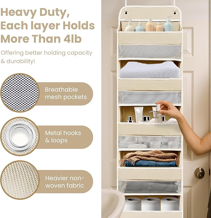 Space Saving Over The Door Organizer,5 Shelves & 8 Side Pockets,Anti Tilt Hanging Behind Door Storage,Heavy-Duty Reinforced Mesh Rack Holds 44lb for Bathroom,Pantry, Nursery,Closet, Shoes, Towels