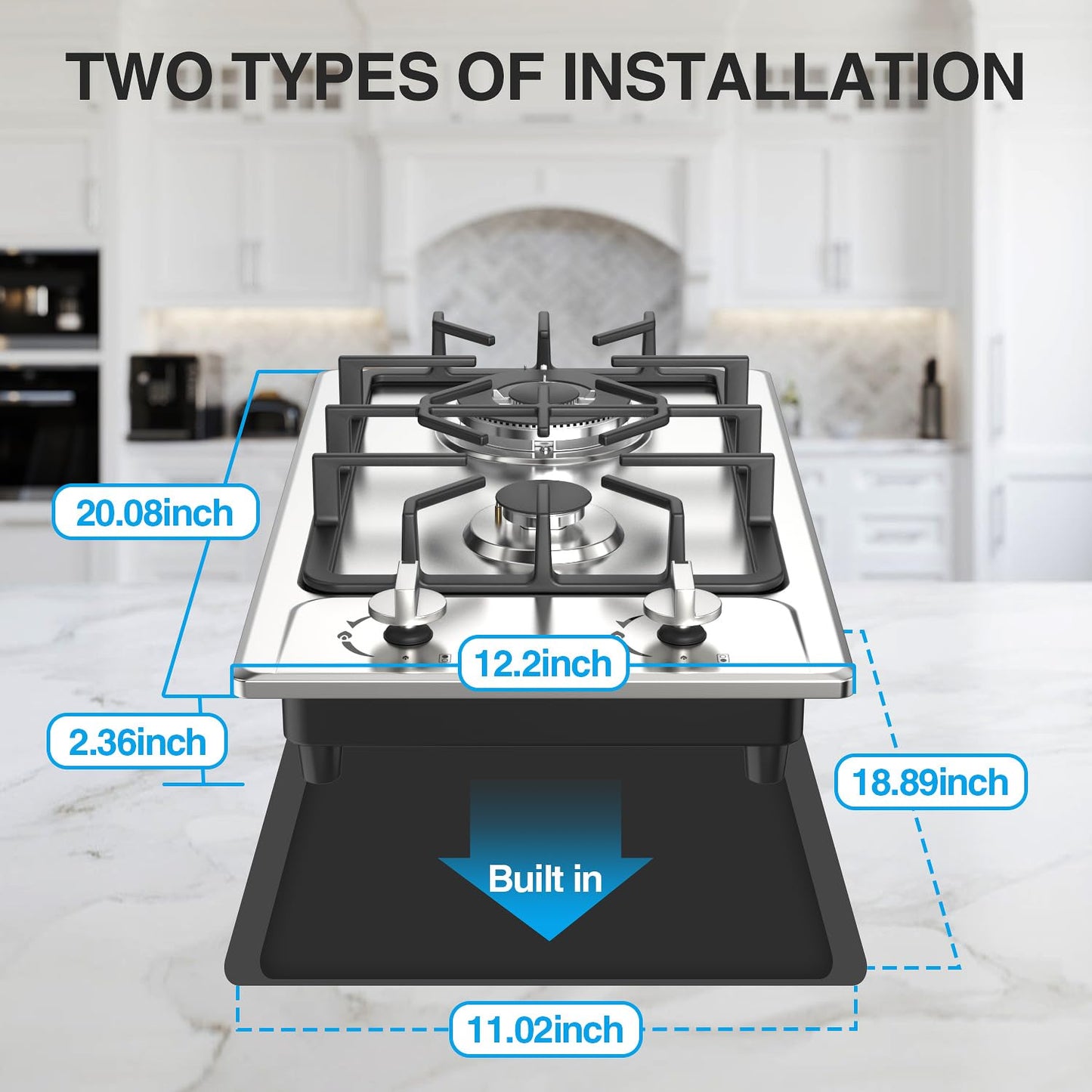 Gas Cooktop Stove 2 Burner, ANHANE 12 Inch Portable Stainless Steel LPG/NG Dual Fuel, Built-in Gas Stove, Ideal for RVs, Apartments, and Outdoor for Cooking