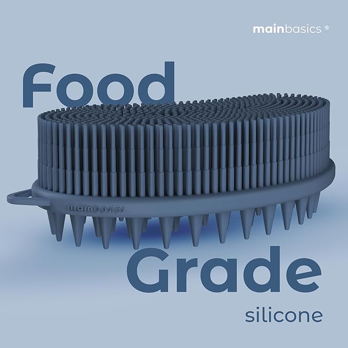 MainBasics Silicone Body Scrubber Dual-Sided Shower Loofah and Scalp Scrubber (Dark Blue, Scalp)