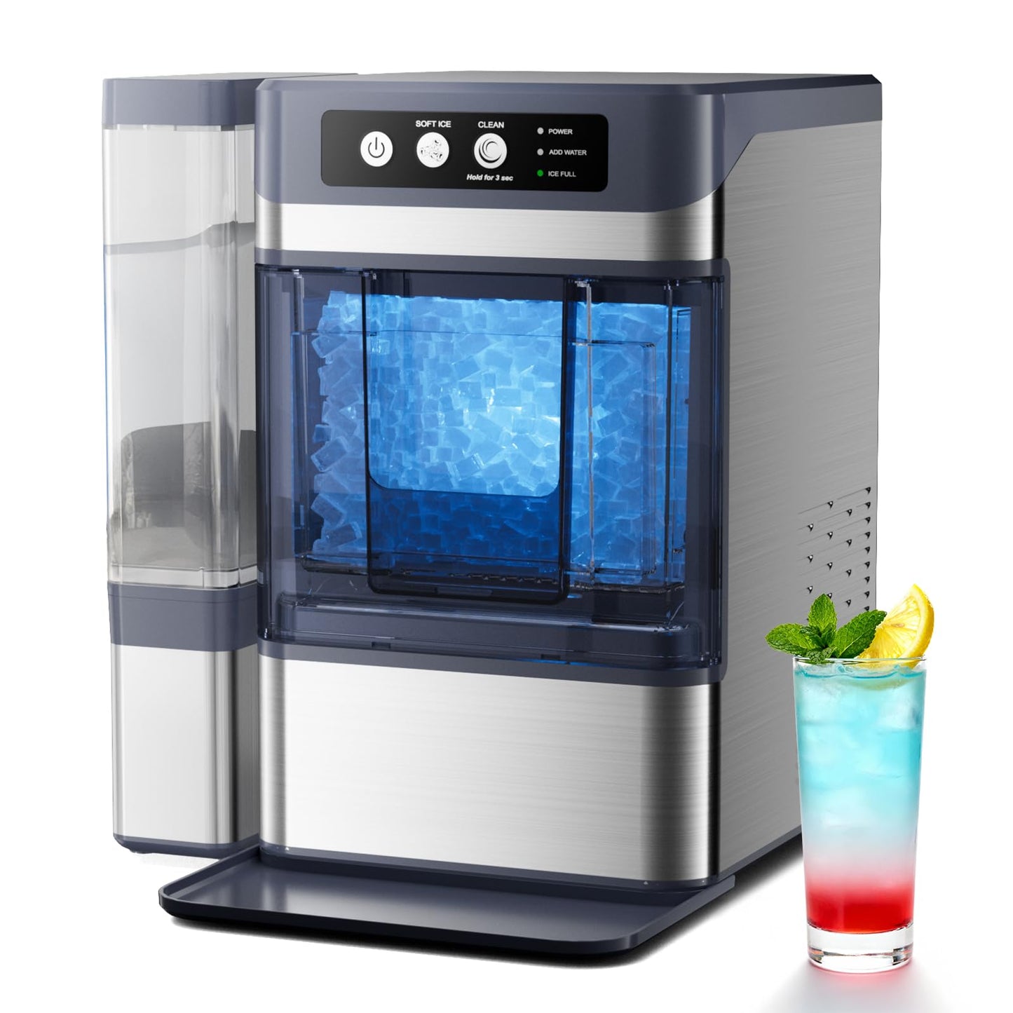 Nugget Ice Maker Countertop 44 Lbs/24h, Chewable Nugget Ice Machine with Side Water Tank, Ready in 5-10 Mins, Self-Cleaning Pellet Ice Machine,Stainless Steel,Scoop Included