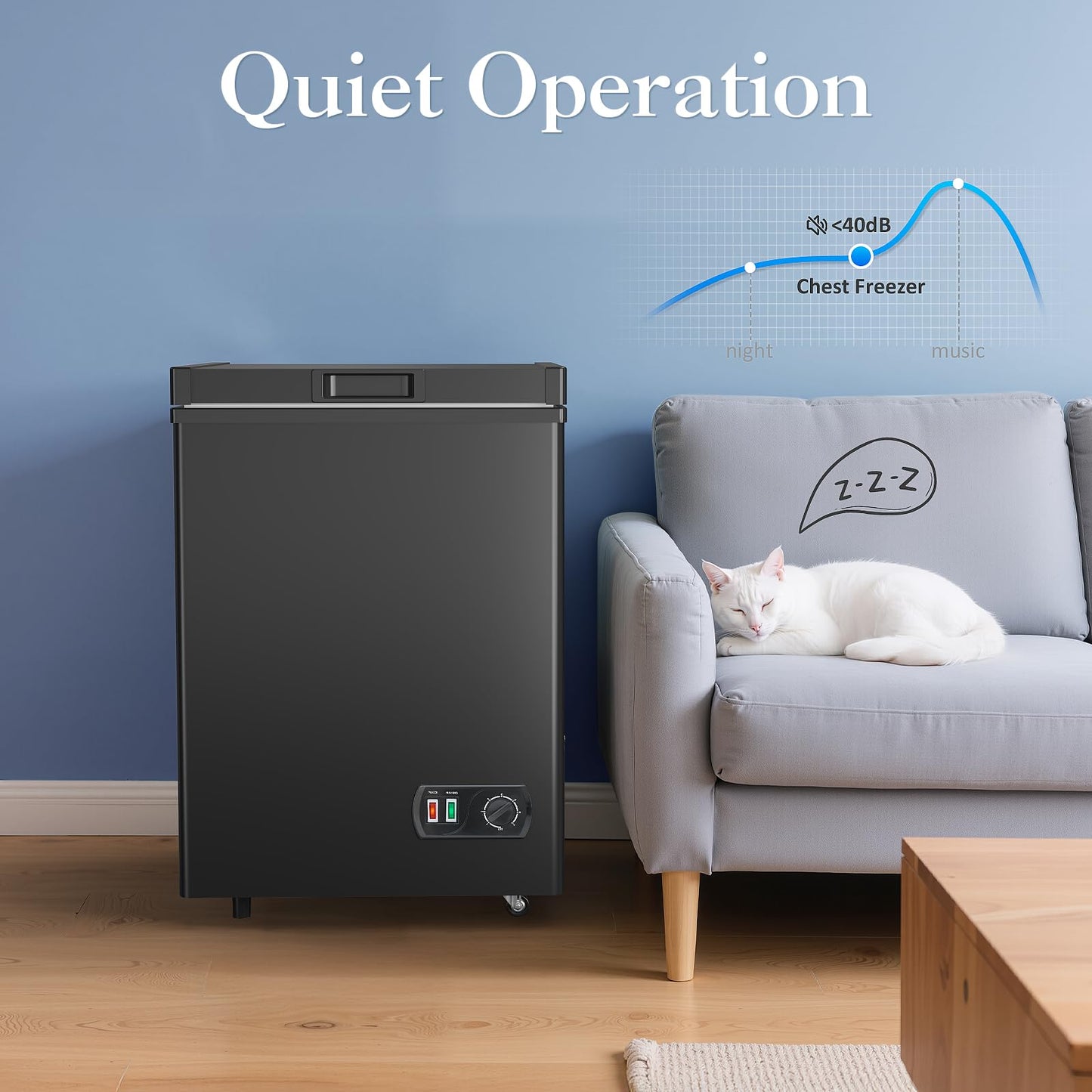 Chest Freezer - 4.2 Cubic Feet Deep Freezer Small Freezer with Fast Cold 7 Adjustable Temperature Convenient Pulley, Compact Freezer with Low Noise Energy Saving, Black