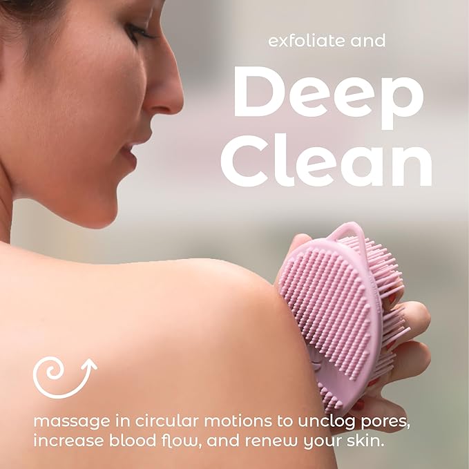 MainBasics Silicone Body Scrubber Dual-Sided Shower Loofah and Exfoliator (Pink, Exfoliate)
