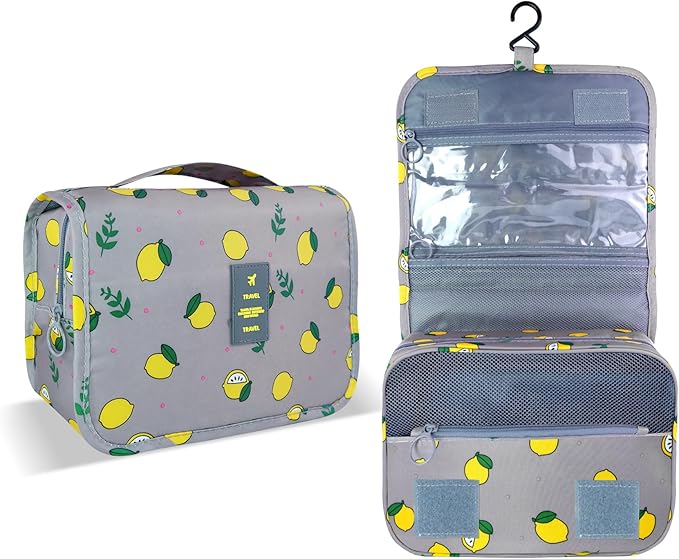 Large Capacity Toiletry Bag Travel Bag with Hanging Hook for Men and Women Waterproof Travel Cosmetic Bag Bathroom Storage Bag for Brushes Set,Full-Sized Shampoo,Accessories-Grey Lemon