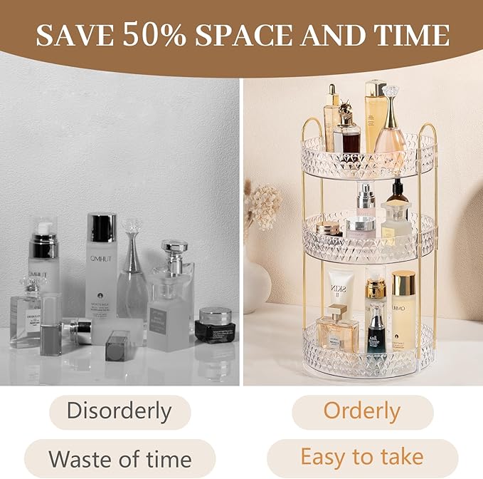 Rotating Makeup Organizer for Vanity, 3 Tier Perfume Skincare Storage for Women, Bathroom Counter Organizer, 360ÃÂ° Spinning Cosmetic Holder for Dresser Countertop, Clear