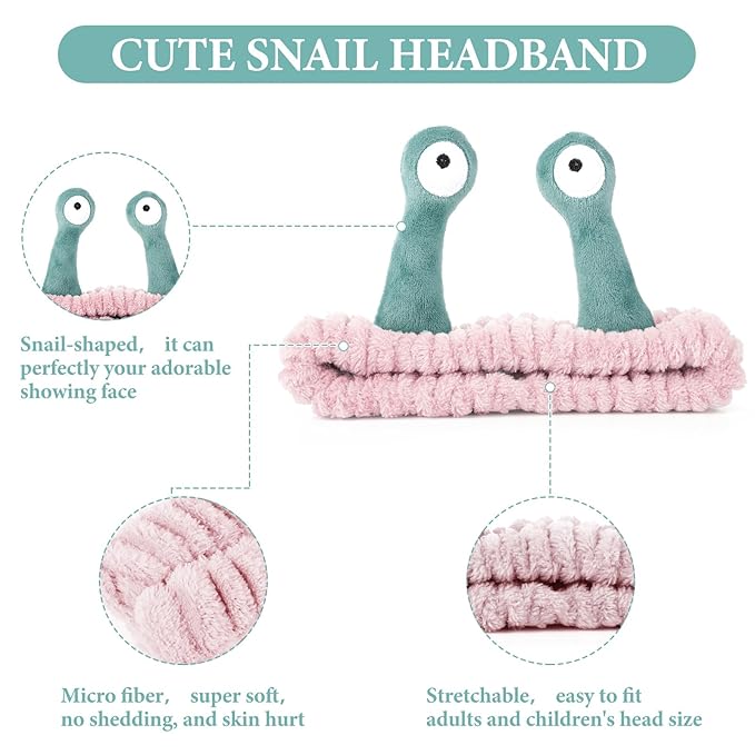 Face Wash Headband, Palm and Snail Spa Hair Bands Makeup Headbands Women Cartoon Cute Coral Fleece Elastic Headband Creative Hair Accessories for Washing Face Shower Sports (Pink and Green)