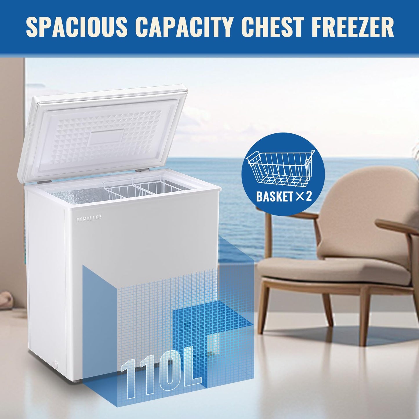DEMULLER Large Capaity Deep Chest Freezer with Electronic Temperature Control Panel Compact Small Freezers with Two Baskets White (-12℉ to 50℉) Ideal for Kitchen Dorm Apartment