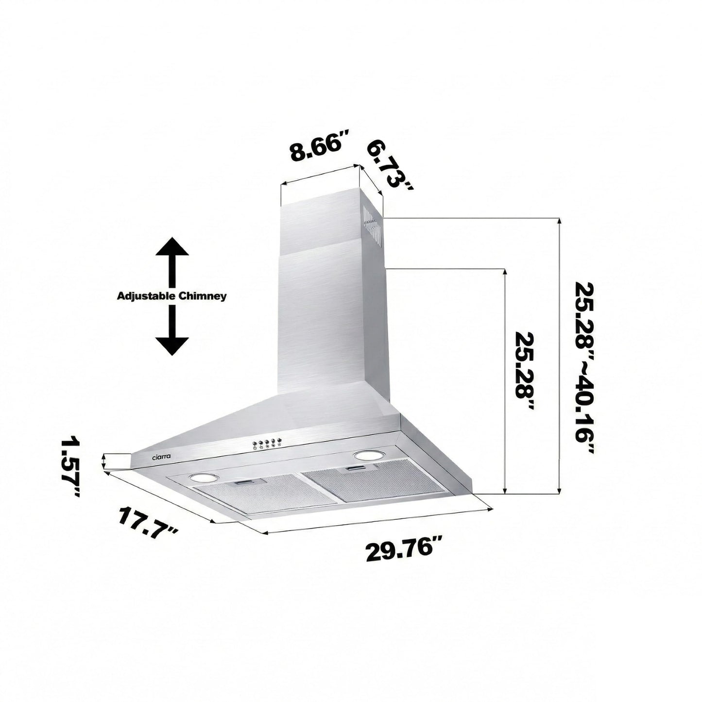 CIARRA Range Hood 30 inch Wall Mount 550CFM Ducted Ductless Stove Vent Hood with 2 LED Light for Kitchen, Stainless Steel, Push Button, Easy to Install, CAS75206P-N