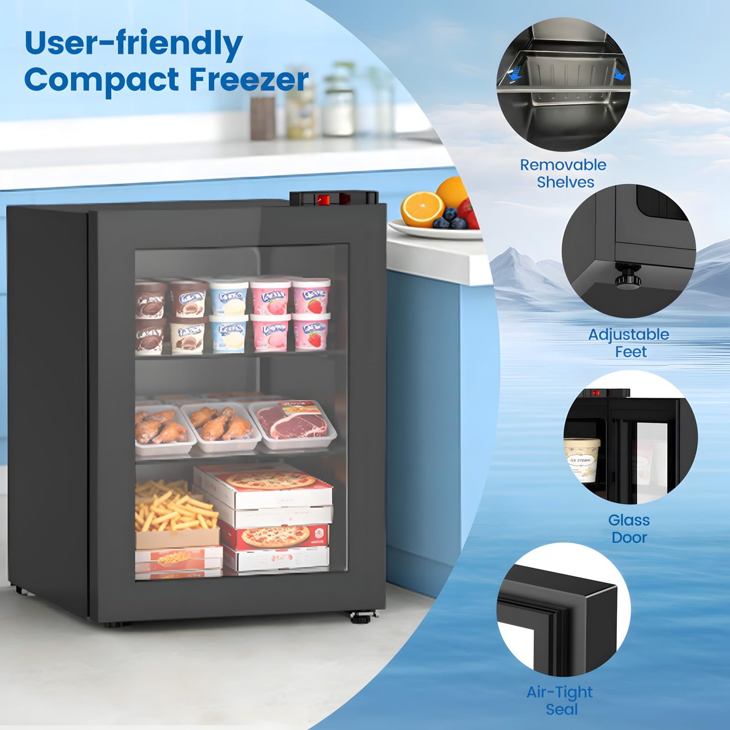 Kndko 2.4 Cu Ft Mini Freezer with Display Glass Door, 7 Adjustable Temperature Settings -10°F to -18°F, Upright Small Freezer With Removable Shelves Perfect for Ice Cream